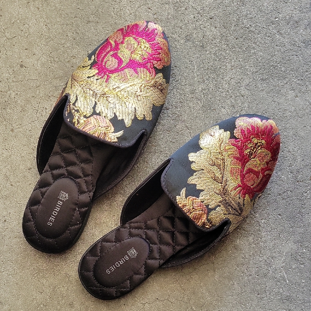 Birdies Women's Black and Gold Embroidered Slip On Shoes 5.5